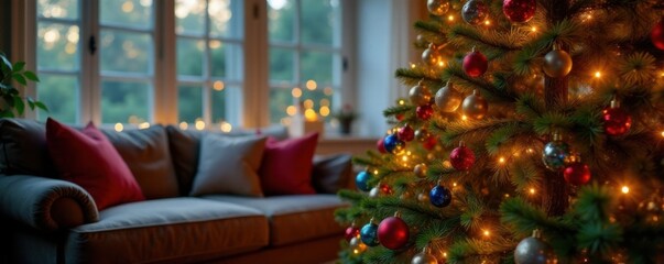 Fototapeta premium Christmas tree with colorful ornaments and twinkling lights in a cozy living room, glowing, Christmas tree, living room