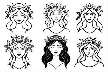 Fashionable woman face vector illustration set with diverse hairstyles and beauty icons