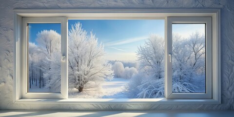Winter Wonderland Viewed Through a Triple Pane Window with Frost Covered Trees and a Sunlit Snowy Landscape