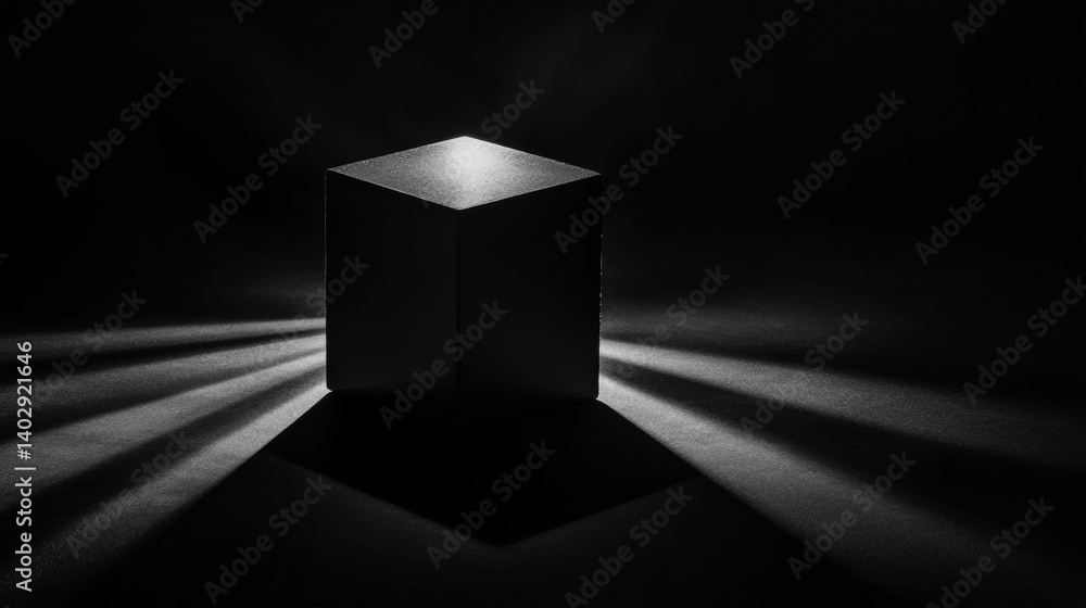 Poster a black and white photograph of a cube-shaped light source casting a shadow on the floor.