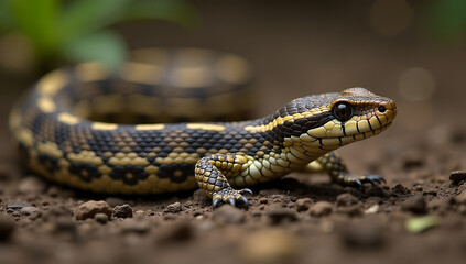 Fototapeta premium Close-Up of a Patterned Snake with Yellow and Black Scales Resting on the Ground