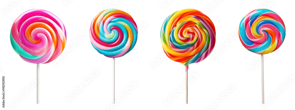 Poster png colorful swirl lollipops in row, element set on transparent background
