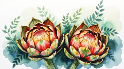 Fototapeta premium Fresh Bunch of Cute Artichokes Surrounded by Lush Greenery in Beautiful Art Style