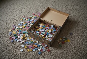 A puzzle box missing its lid, colorful pieces scattered 