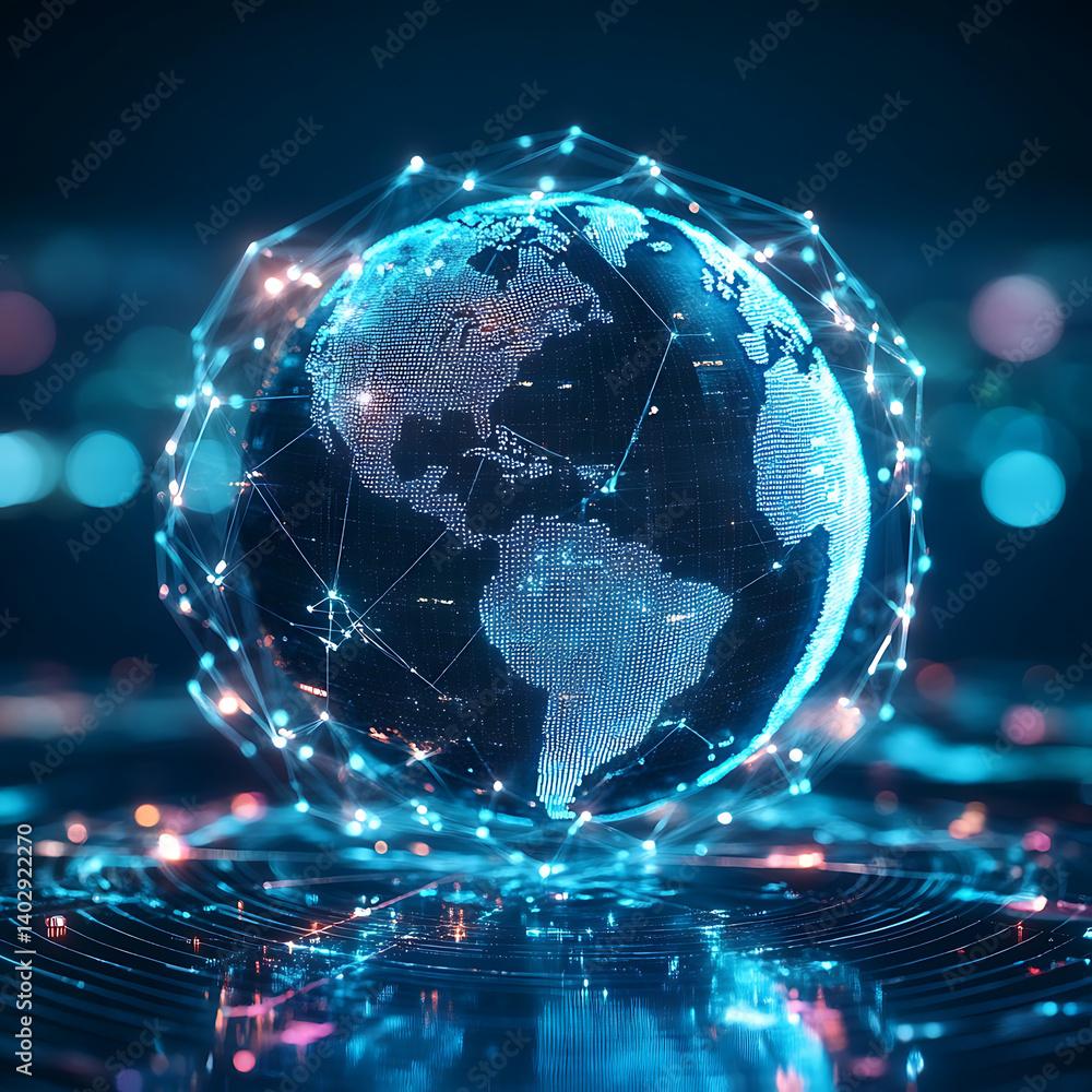 Poster digital earth network global connectivity with futuristic data transmission and technology interconn