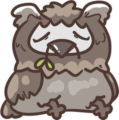 A fat owl has a twig in its beak.