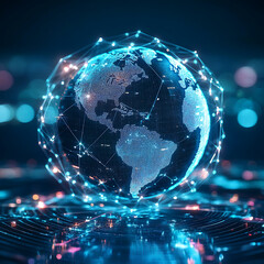 Obraz premium Digital Earth Network Global Connectivity with Futuristic Data Transmission and Technology Interconnections Depicting Globalization