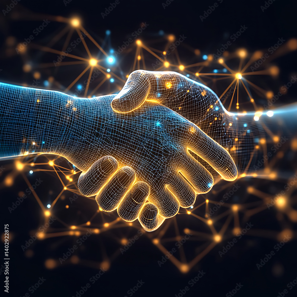 Poster digital handshake futuristic business agreement with glowing connection points and mesh hands in cyb