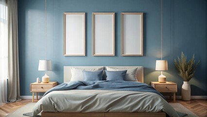 Serene Bedroom Interior Design with Minimalist Decor and Blank Frames for Artwork