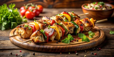 Grilled Chicken and Vegetable Skewers on Rustic Wooden Board