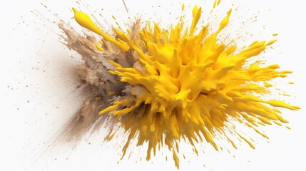 Vibrant yellow paint explosion against a clean white backdrop with particles
