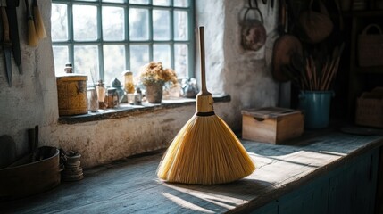 A Rustic Broom Stands Atop a Wooden Kitchen Counter top