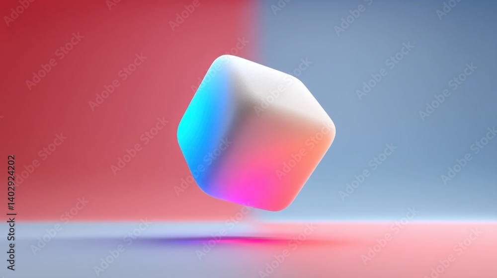 Poster abstract cube on a vibrant red and blue background creating a striking visual contrast and artistic 