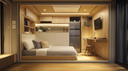 Modern Minimalist Micro Apartment Design: Compact Living Space with Integrated Kitchen and Bedroom