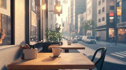 Coffee break with a stunning city view from a cozy cafe window