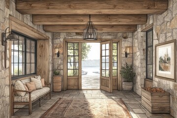 Rustic entryway with stone walls leads to a lake view