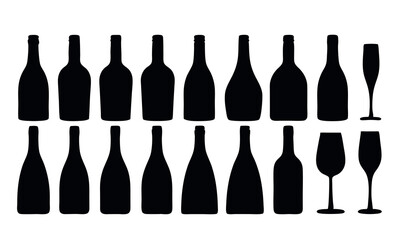 Vector set of wine and liquor bottles silhouette icons for bar and restaurant beverage design.