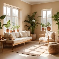 Sunlit Living Room with Beige Sofa and Houseplants