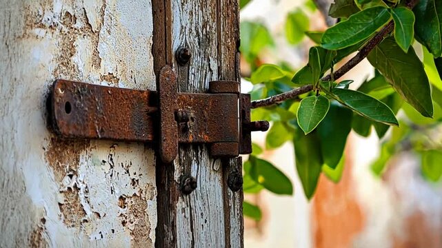 Rusty metal hinge on a weathered wooden door surrounded by vibrant green leaves