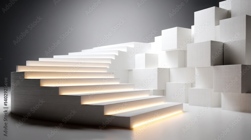 Poster unique staircase composed of white cubes spiraling upward in soft light with an abstract architectur