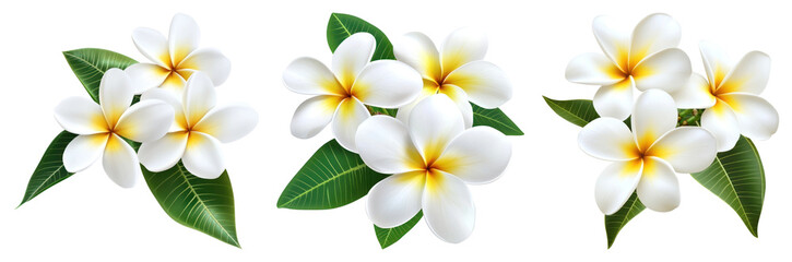 PNG Tropical white plumeria blossoms, element set on transparent background