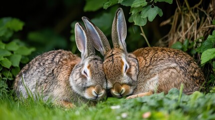 Fototapeta premium Two resting rabbits nestled together in grassy foliage.