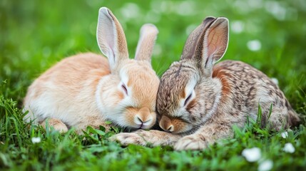 Obraz premium Two adorable baby rabbits nestled together in a grassy field.