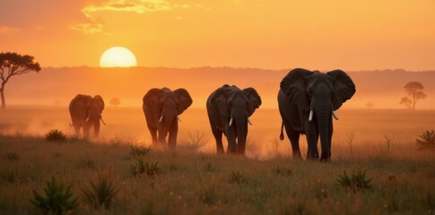 Fototapeta premium A herd of elephants walking through the thick mist and grasses of the African savannah at sunrise , savannah landscape, wildlife
