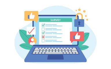 Laptop screen with checklist and survey design flat colorful vector showing online feedback with thumbs up heart icon plant leaves and geometric shapes for web and user experience