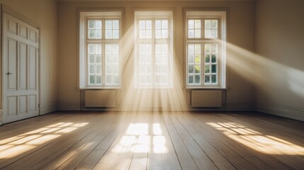 Obraz premium Bright sunlight streams through the windows in an empty room
