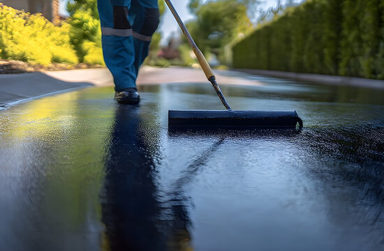 Person sealing driveway with squeegee applicator tool in sunny day. Driveway asphalt sealcoating protects pavement, prevents fractures. Maintenance worker spreads liquid tar coal. Home improvement,