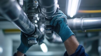 Fire sprinkler installer securing pipes on a ceiling. Featuring technical skill and precision