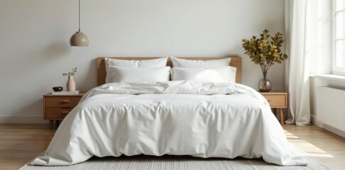 Soft white linens draped over a king-size bed, with minimalist Scandinavian furniture in the background, , minimalist scandinavian bedroom