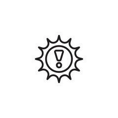 A line art icon of a stylized sun with radiating points, enclosing a circle containing a prominent exclamation mark, indicating a warning related to the sun or heat.