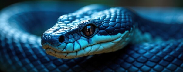 Fototapeta premium Close-up of blue viper snake's head showing sharp teeth , teeth, scales