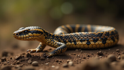 Fototapeta premium Close-Up of a Vividly Patterned Yellow and Black Snake on the Ground