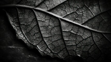 A gray scale macro image displays the details of a single leaf