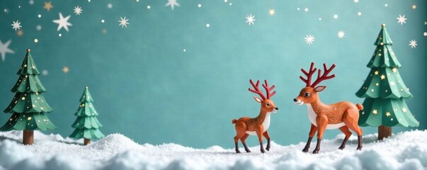 Naklejka premium Miniature paper art Christmas banner featuring cute reindeer and icicles, Christmas reindeer, icicles, winter scene