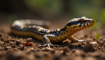 Fototapeta premium Close-Up of a Colorful Yellow and Black Striped Snake Slithering on Ground