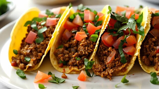 Ground beef tacos with fresh tomatoes, onion, cilantro in hard shell tortillas. Mexican cuisine concept. Design for restaurant menu, food blog, culinary Modern website.