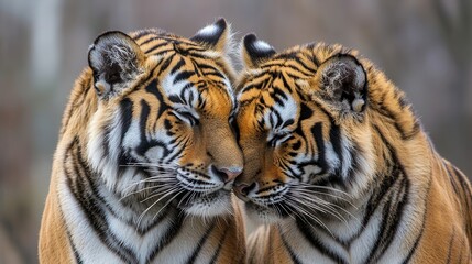 Two tigers cuddling close together.
