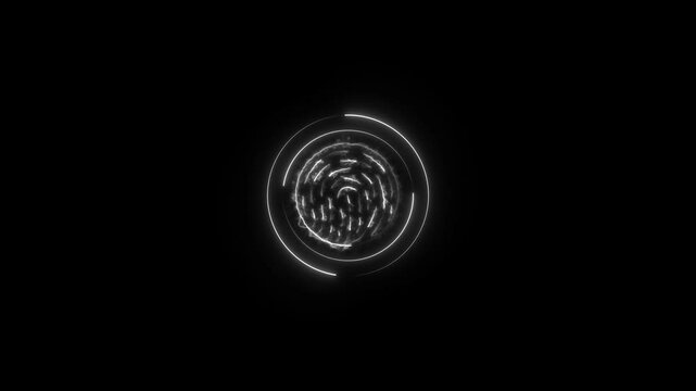 Neon fingerprint icon scanning analysis animation on black background, cyber security, biometric ID, digital security and future identification technology
