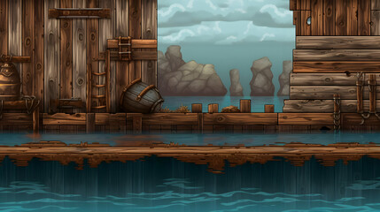 Rustic Wooden Dock Overlooking Tranquil Blue Ocean Water and Rocky Islands under Overcast Sky Pixel Art Style