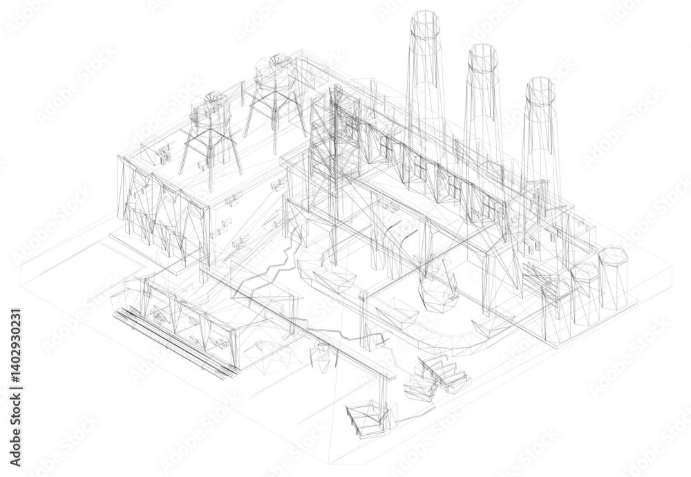 Poster a drawing of a factory with a large building in the center. the building is surrounded by a lot of o