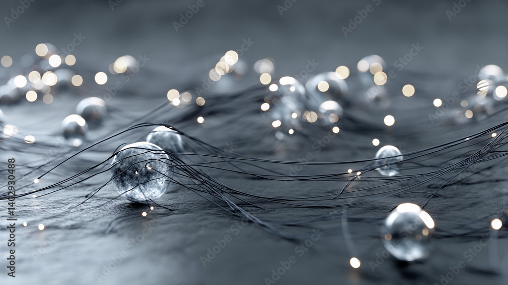Aufkleber Glass spheres illuminated from within, interconnected by thin black wires on a dark gray surface, creating an abstract network representation of connection and technology