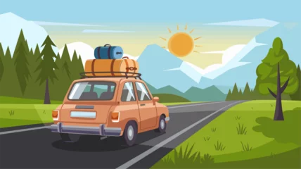 Fototapete A charming illustration of a vintage car on a scenic road, surrounded by lush green hills and a bright sun, perfect for travel and adventure themes. © Alexander
