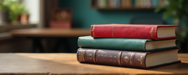 Three different size books stacked on each other on a wooden desk , cover layouts, book design concepts