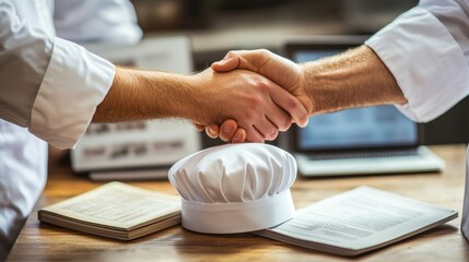 Chefs handshake: partnership in culinary business recipe creation and collaboration cook teamwork and professional agreement with chef hat laptop on wooden table in the background 
