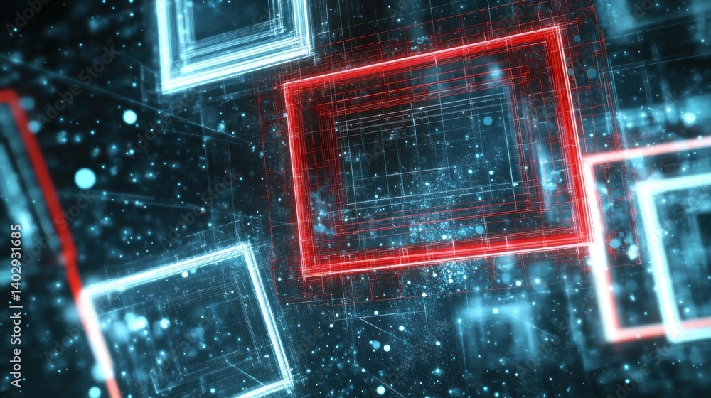 Poster abstract digital network background with glowing rectangles and light particles