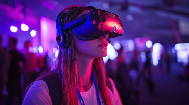 Woman immersed in vr gaming at technology expo experiencing augmented reality entertainment within a vibrant futuristic background at a public event 